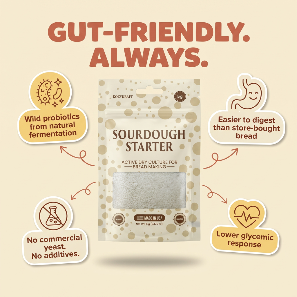 Gut-friendly always — KozyKraft dehydrated sourdough starter health benefits infographic