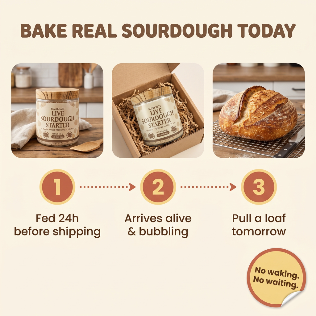 Bake real sourdough today — fed 24h before shipping, arrives alive and bubbling, pull a loaf tomorrow