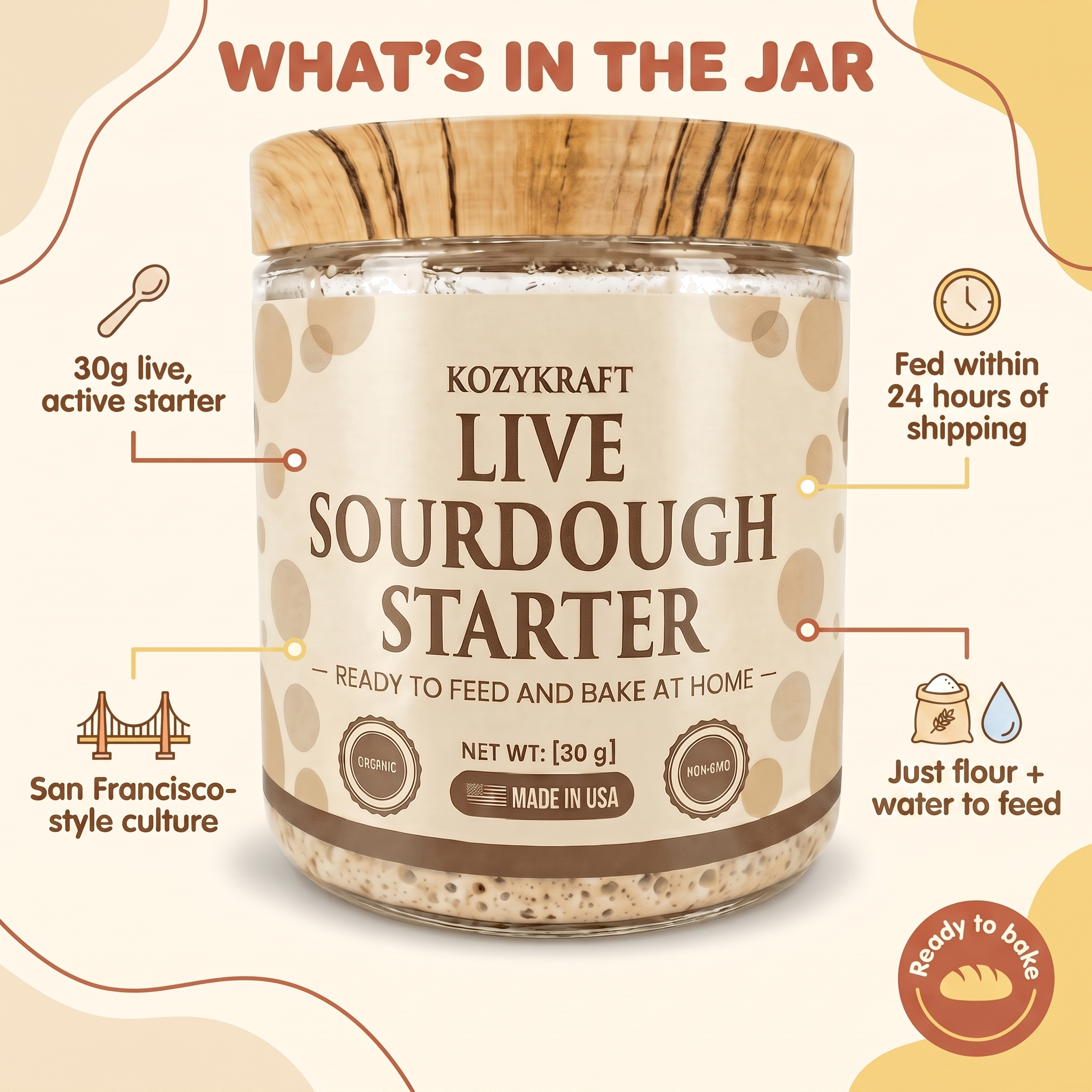 What's in the jar — 30g live active starter, fed within 24 hours of shipping, San Francisco-style culture