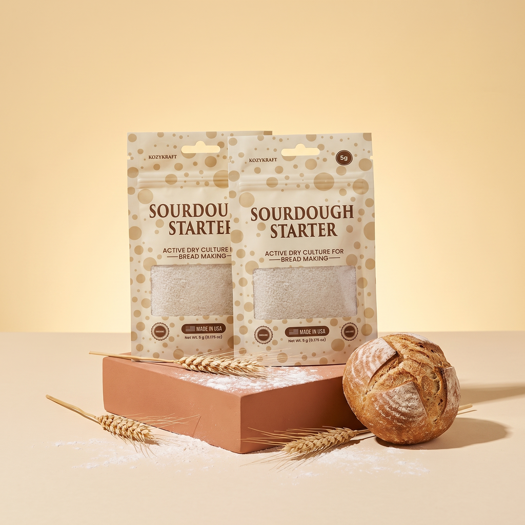 KozyKraft 2-pack dehydrated sourdough starter studio product shot with fresh boule