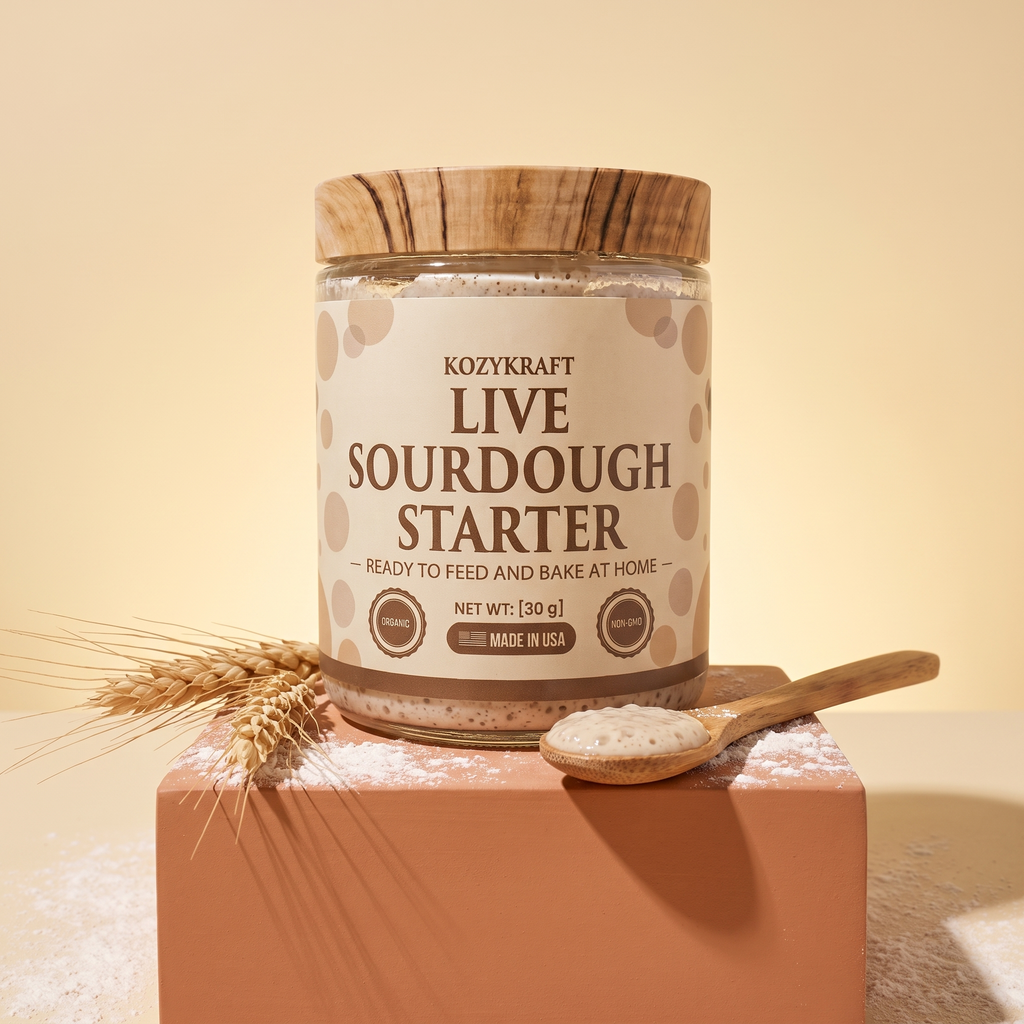 KozyKraft live sourdough starter jar studio product shot with starter spoon