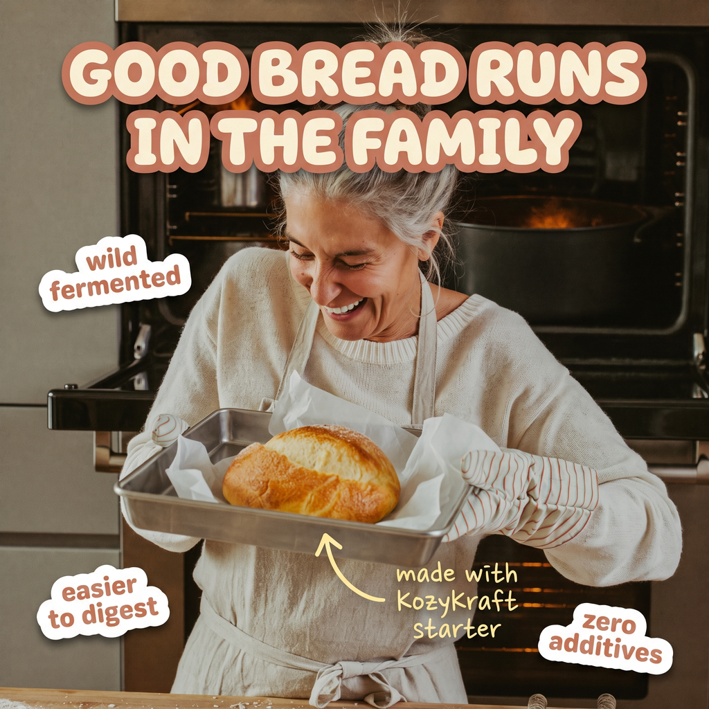 Home baker pulling fresh sourdough loaf from the oven — made with KozyKraft starter