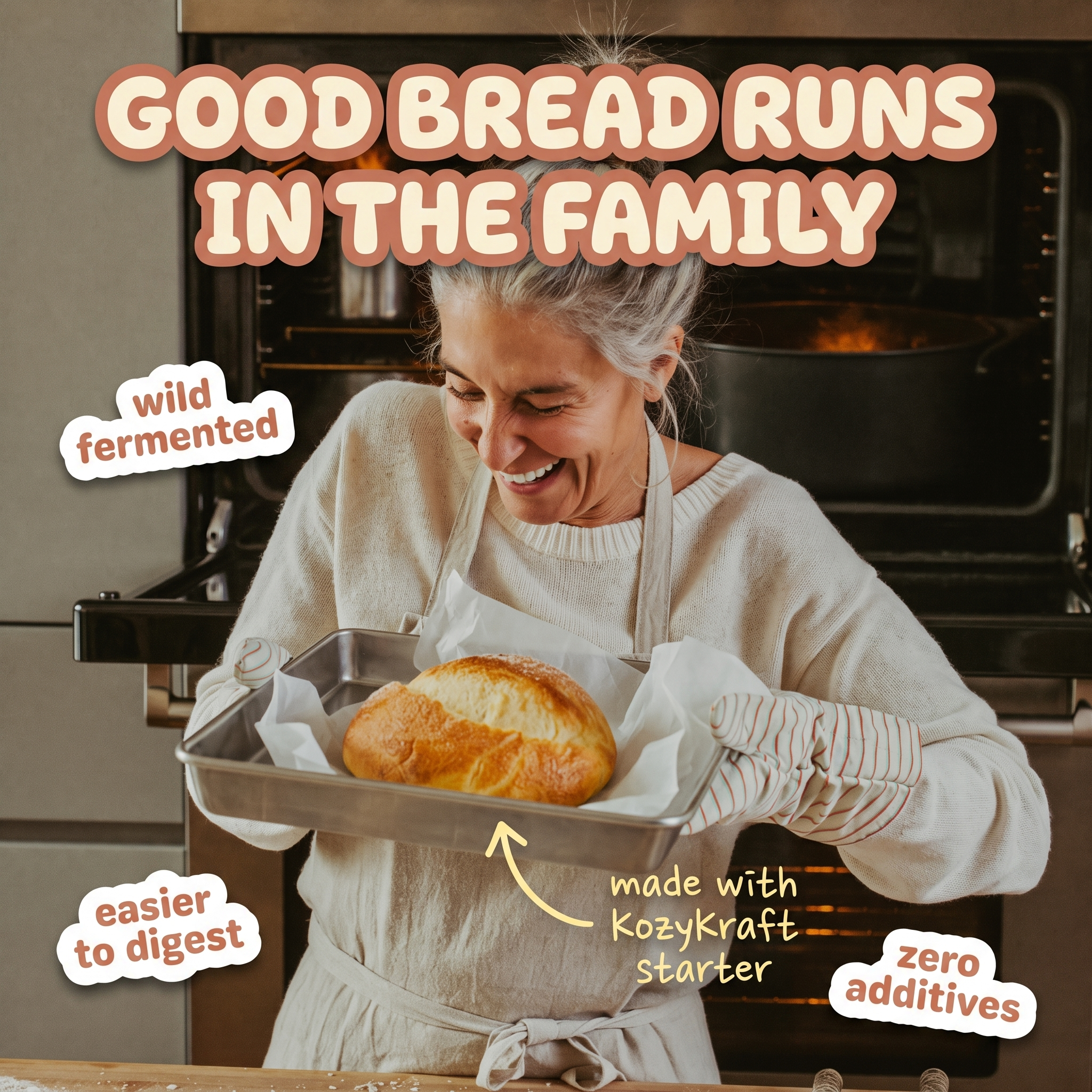 Home baker pulling fresh sourdough loaf from the oven — made with KozyKraft starter