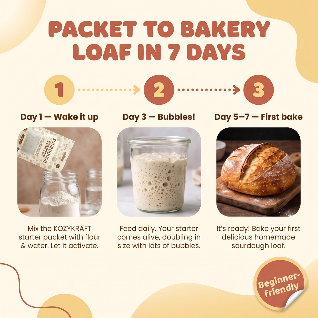Packet to bakery loaf in 7 days — how the KozyKraft dehydrated starter works