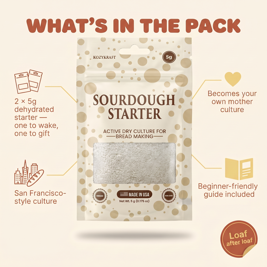 What's in the pack — 2 x 5g dehydrated sourdough starter, San Francisco-style culture